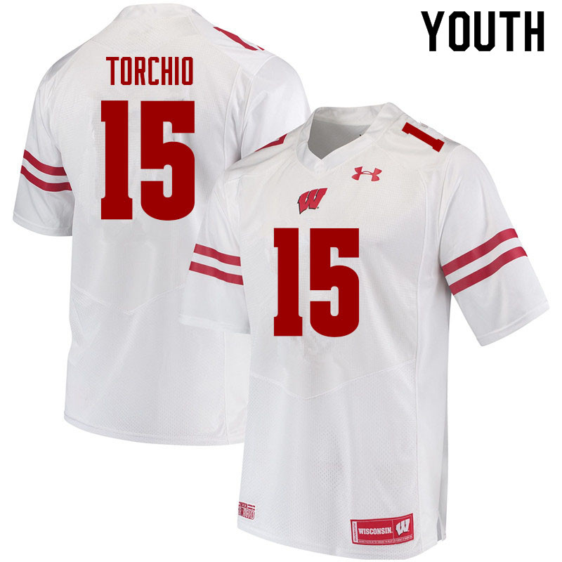 Youth #15 John Torchio Wisconsin Badgers College Football Jerseys Sale-White - Click Image to Close